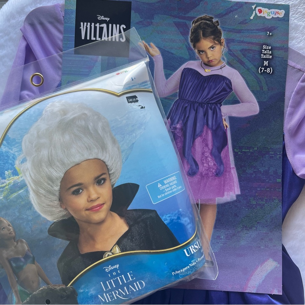 Disney villains Ursula costume dress & wig set Halloween M 7-8 girls kids NEW